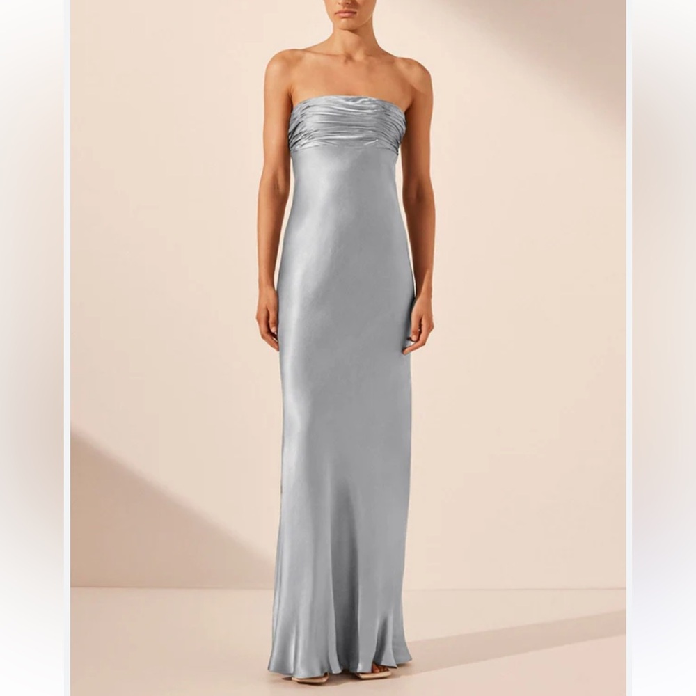 Shona Joy Silver Strapless Ruched Bodice Satin Gown